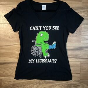Port And Company Black V Neck T-Shirt with Green Wheelchair Dinosaur